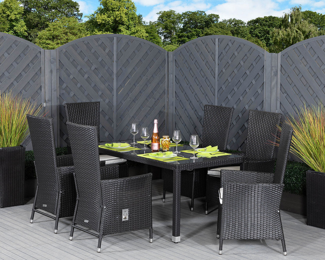 Cambridge 6 Reclining Rattan Garden Chairs & Open Leg Rectangular Table Set in Black & White - Cambridge - Rattan Direct