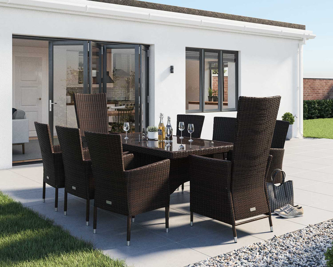 Rectangular Rattan Garden Dining Table Set With 8 Chairs in Brown - Cambridge - Rattan Direct