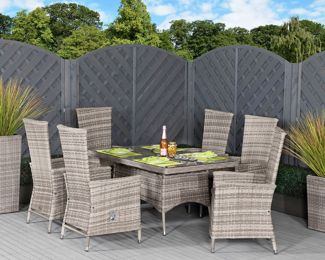 6 Reclining Chairs & Small Rectangular Rattan Garden Dining Table Set in Grey - Cambridge - Rattan Direct