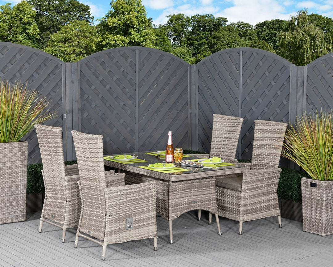 4 Reclining Chairs & Small Rectangular Rattan Garden Dining Table Set in Grey - Cambridge - Rattan Direct