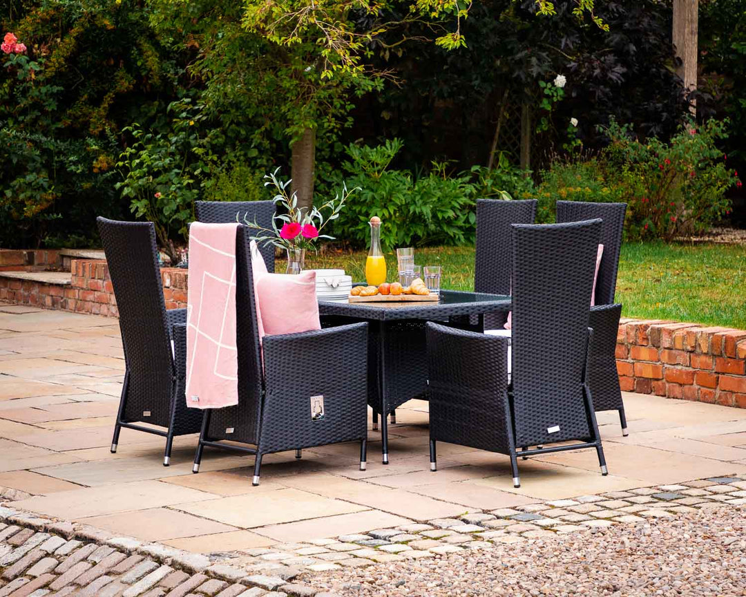 Small Rectangular Rattan Garden Dining Table & 6 Reclining Chairs in Black & White - Cambridge - Rattan Direct