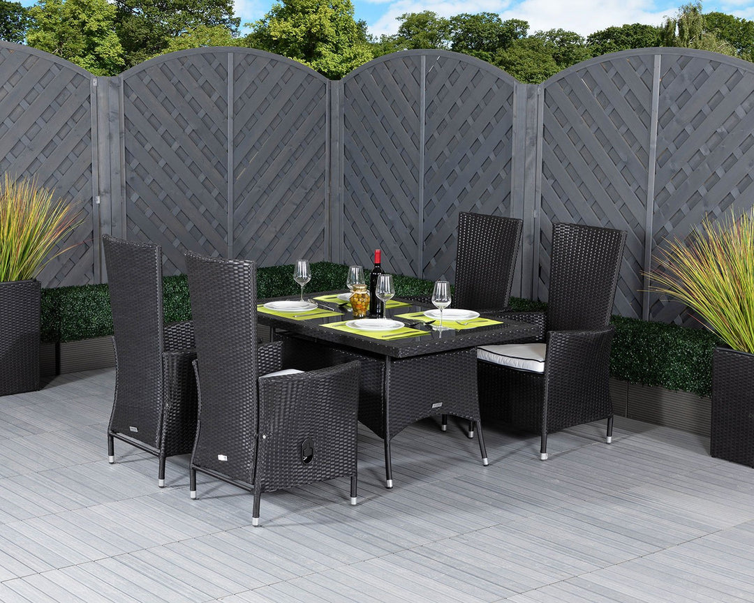 Small Rectangular Rattan Garden Dining Table & 4 Reclining Chairs in Black & White - Cambridge - Rattan Direct