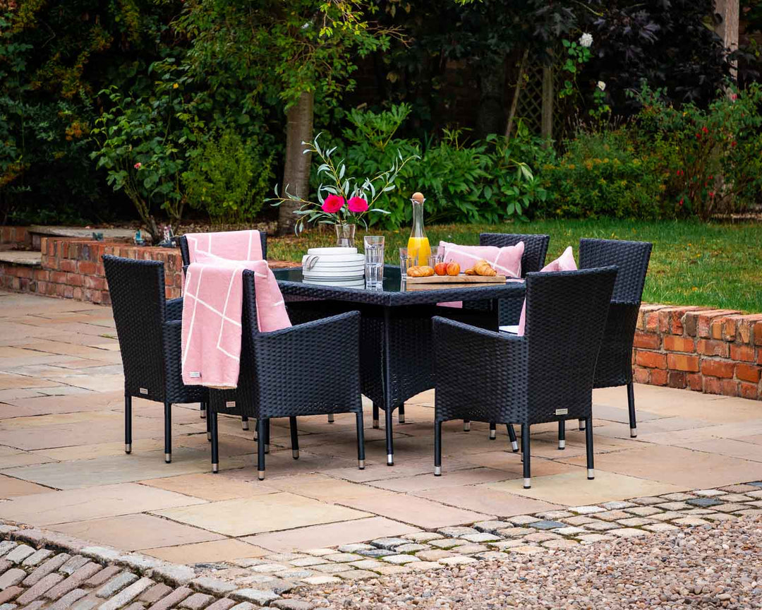 6 Seat Rattan Garden Dining Set With Small Rectangular Dining Table in Black & White - Cambridge - Rattan Direct