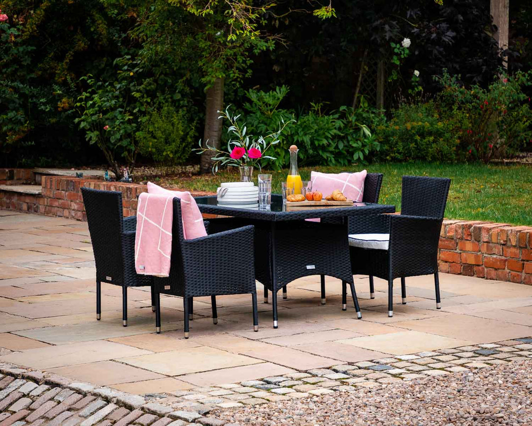 4 Rattan Garden Chairs & Small Rectangular Dining Table Set in Black & White - Cambridge - Rattan Direct