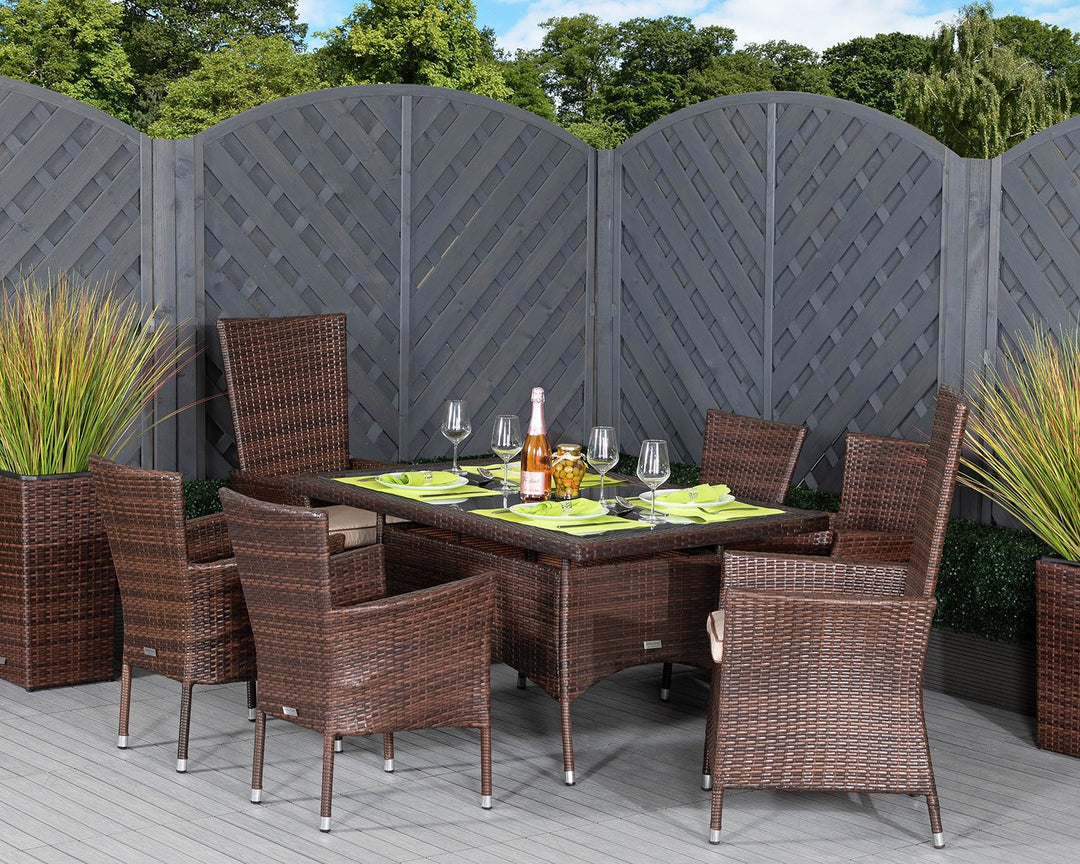 Small Rectangular Rattan Garden Dining Table Set With 6 Chairs in Brown - Cambridge - Rattan Direct