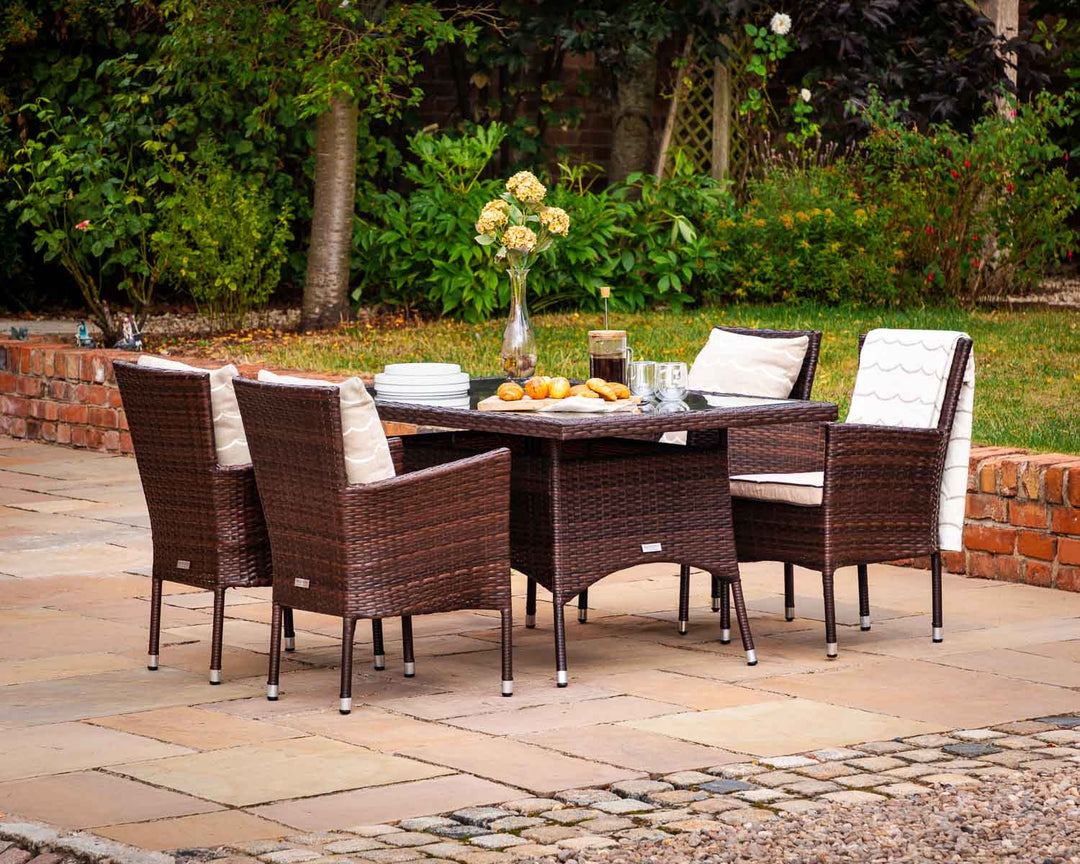 4 Rattan Garden Chairs & Small Rectangular Dining Table Set in Brown - Cambridge - Rattan Direct