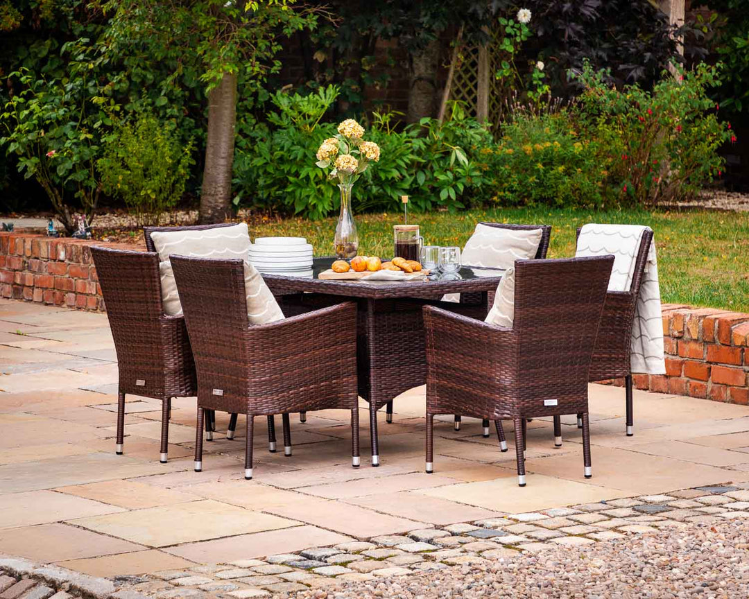 6 Seater Rattan Garden Dining Set With Small Rectangular Dining Table in Brown - Cambridge - Rattan Direct