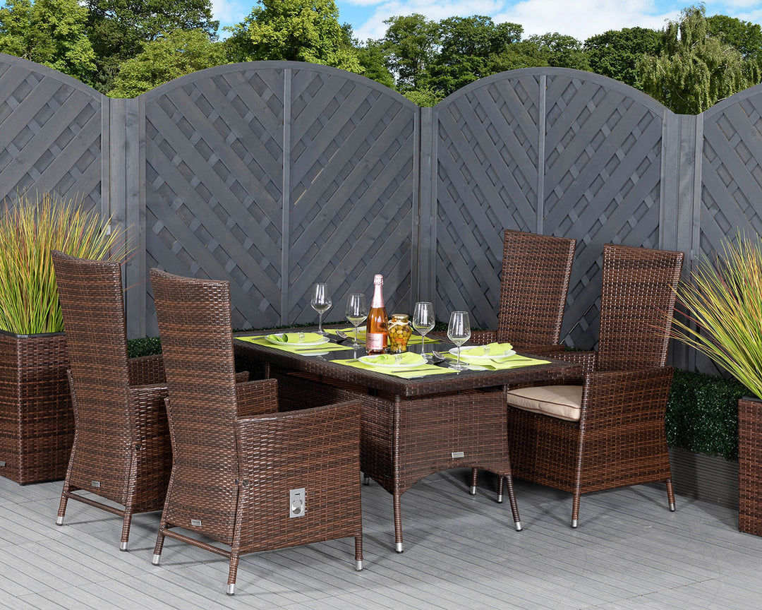 Small Rectangular Rattan Garden Dining Table & 4 Reclining Chairs in Brown - Cambridge - Rattan Direct