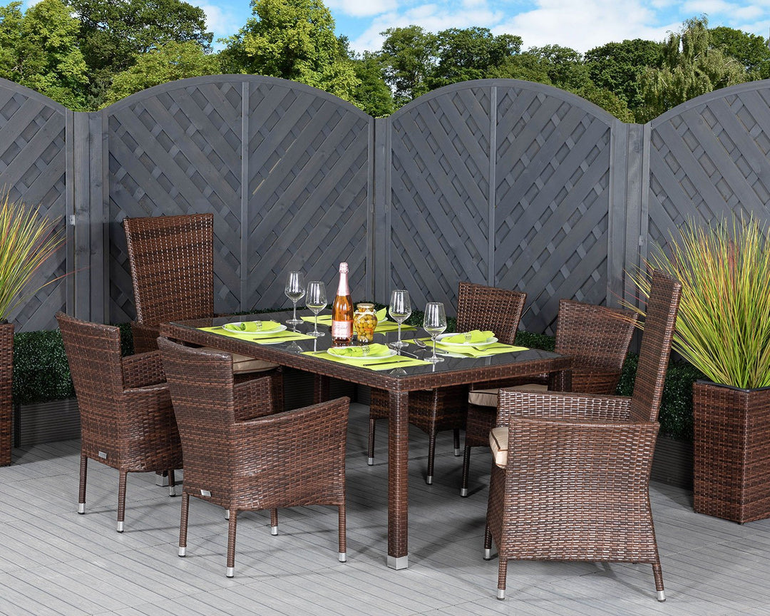 Cambridge 2 Reclining + 4 Stackable Rattan Garden Chairs & Open Leg Rectangular Table Set in Brown - Cambridge - Rattan Direct