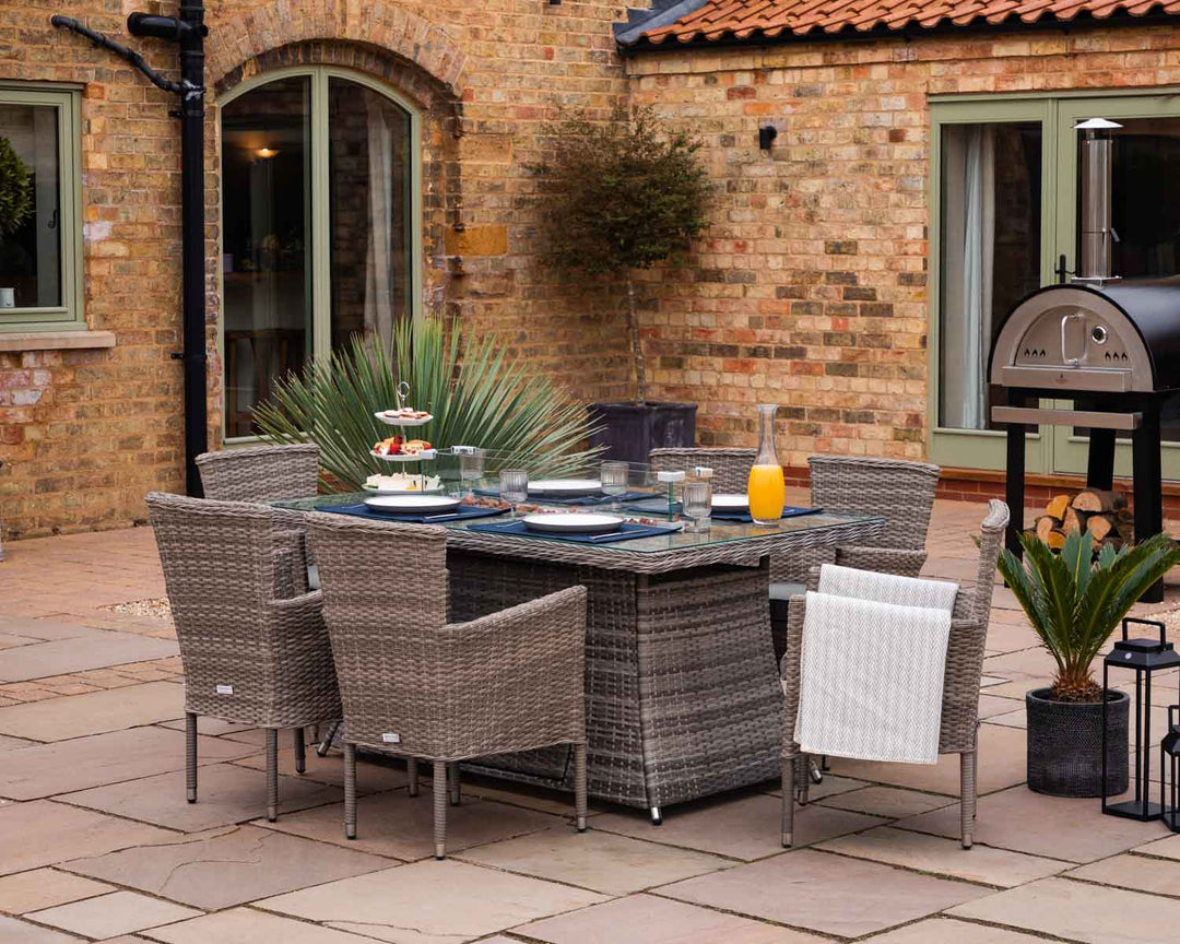 6 Seat Rattan Garden Dining Set With Rectangular Table in Grey With Fire Pit - Cambridge - Rattan Direct