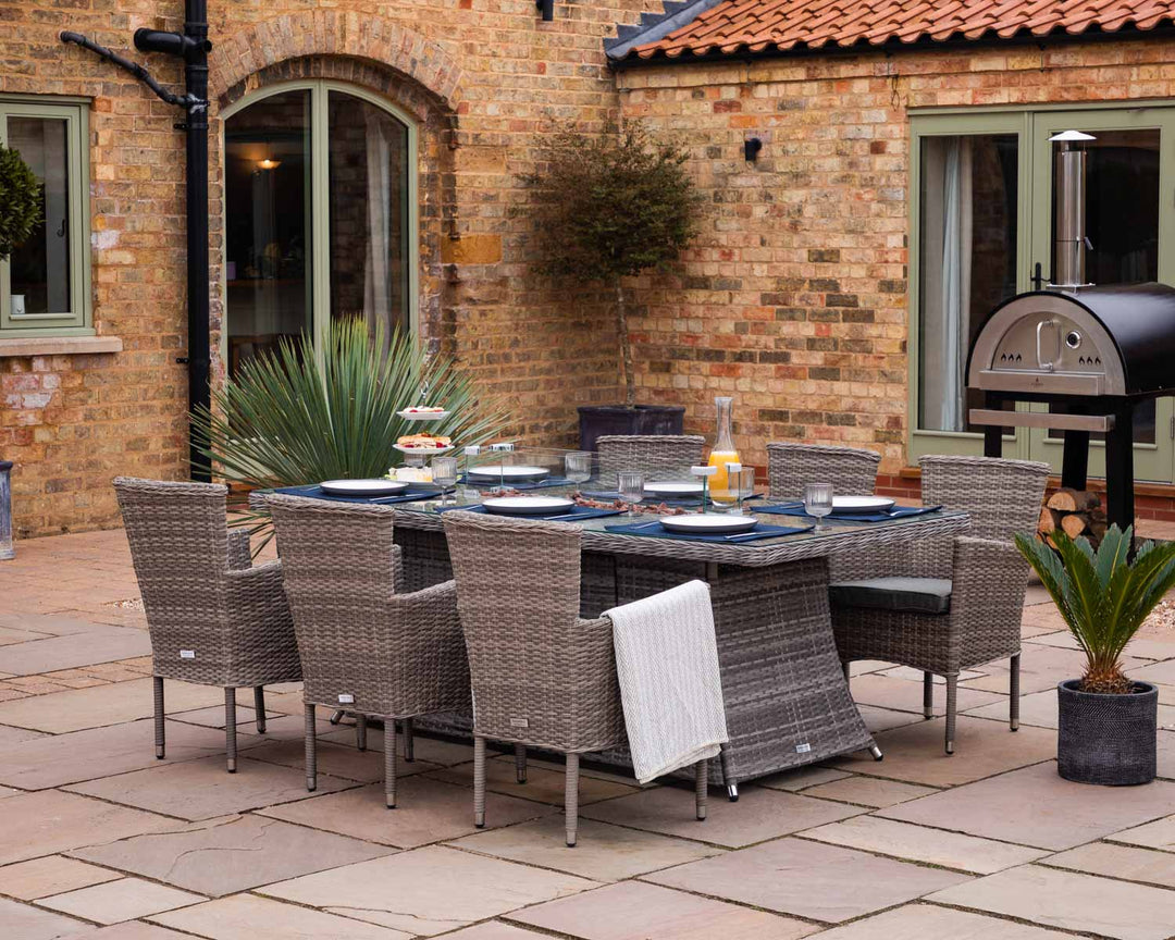 6 Seater Rattan Garden Dining Set With Round Table in Grey With Fire Pit - Cambridge - Rattan Direct