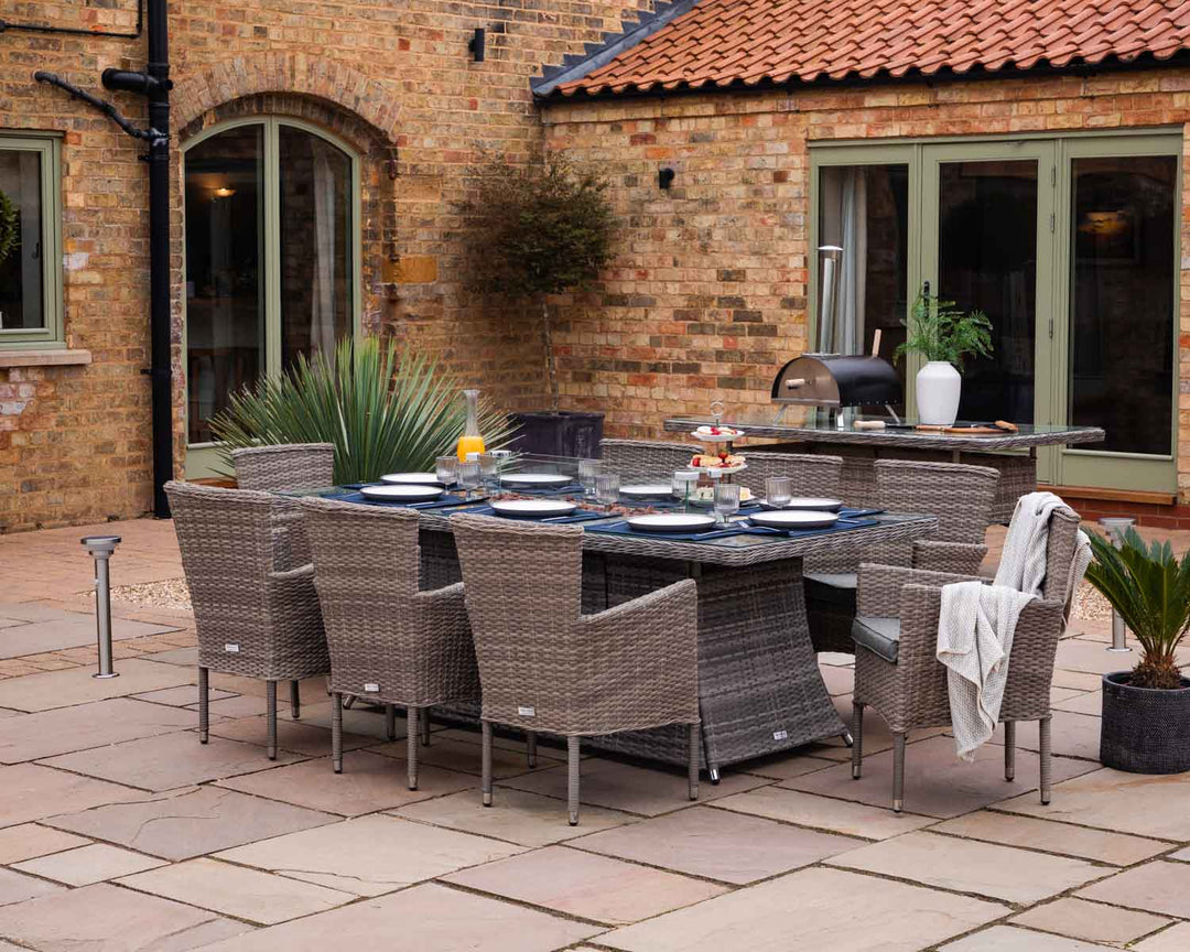 8 Seat Rattan Garden Dining Set With Rectangular Table in Grey With Fire Pit - Cambridge - Rattan Direct