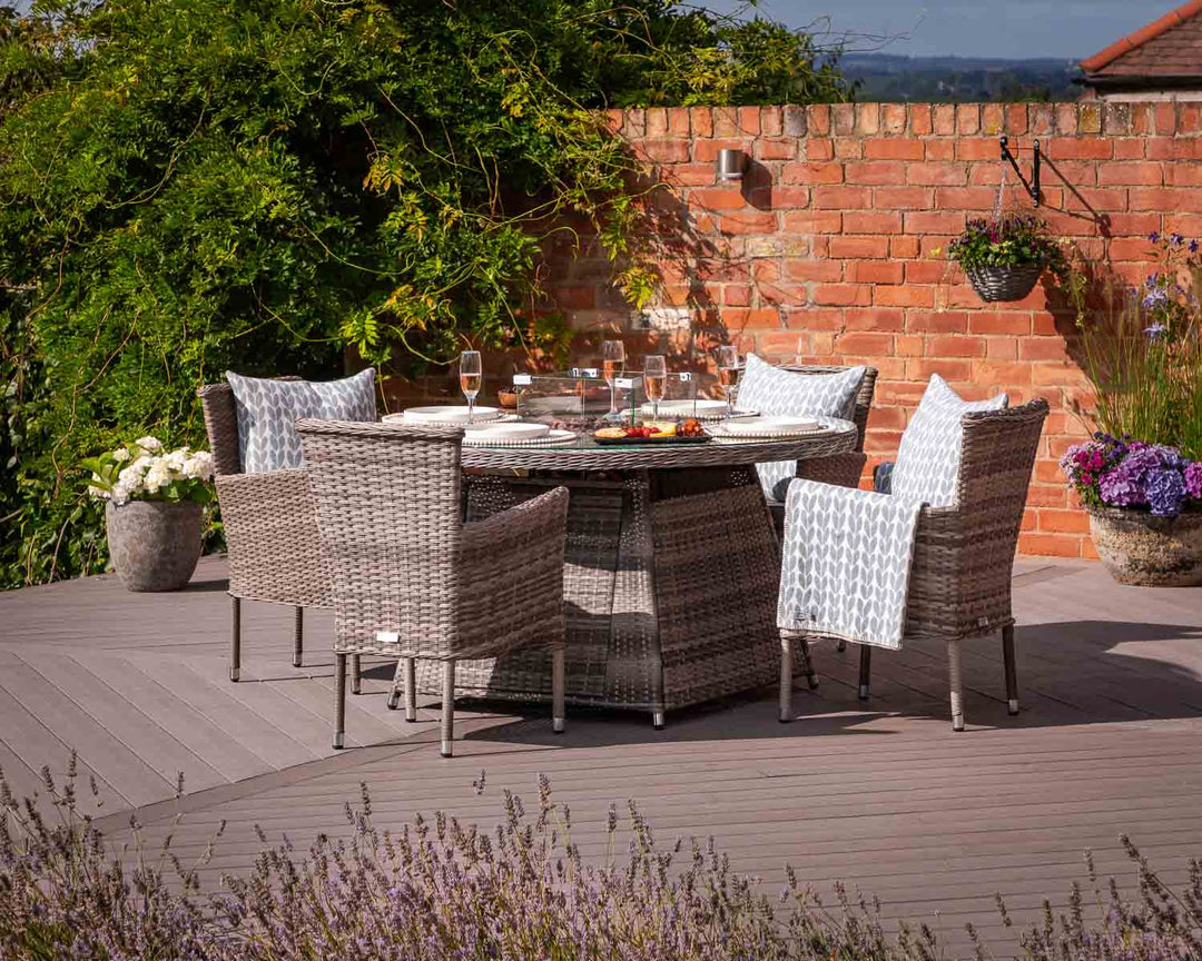 4 Seat Rattan Garden Dining Set With Round Table in Grey With Fire Pit - Cambridge - Rattan Direct