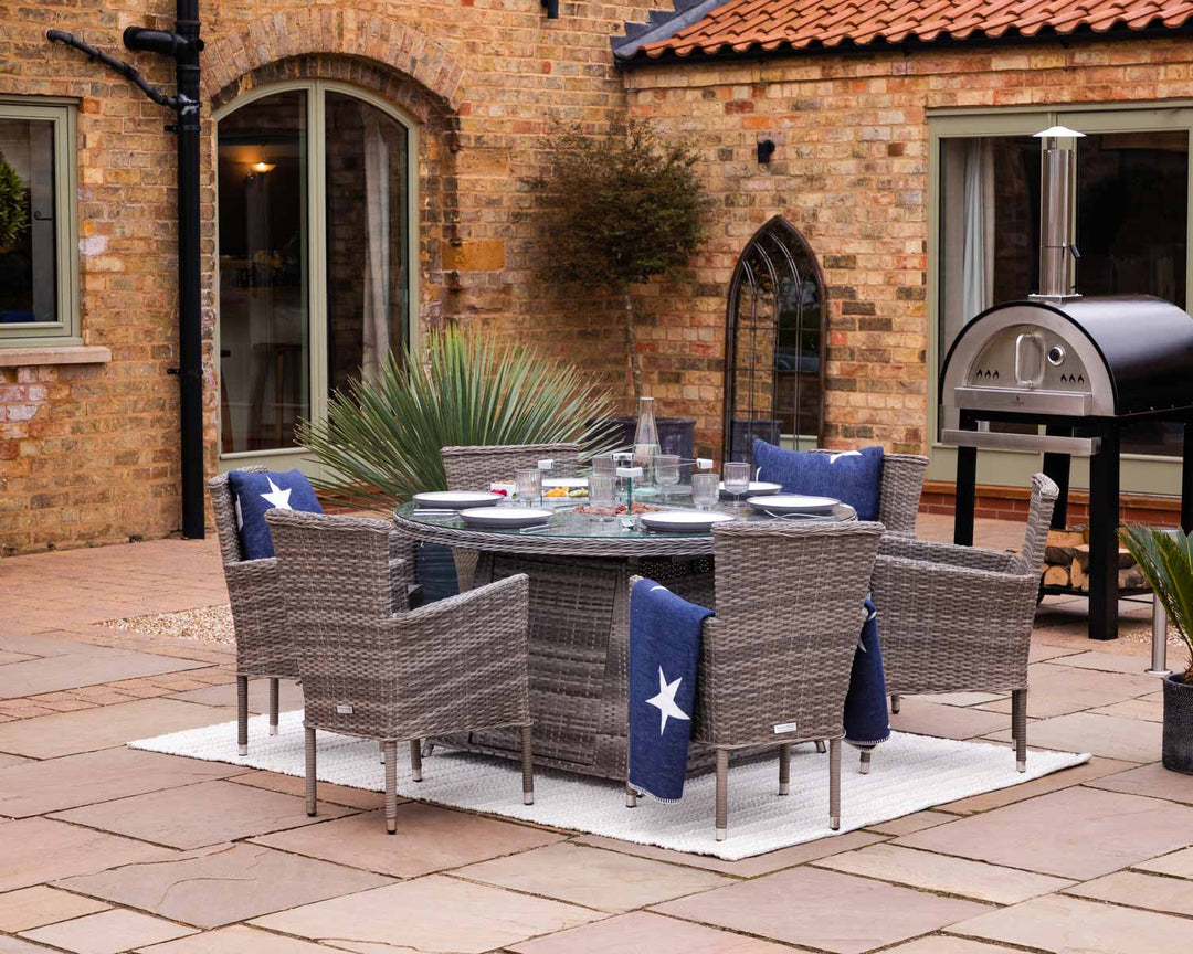 6 Seat Rattan Garden Dining Set With Round Table in Grey With Fire Pit - Cambridge - Rattan Direct