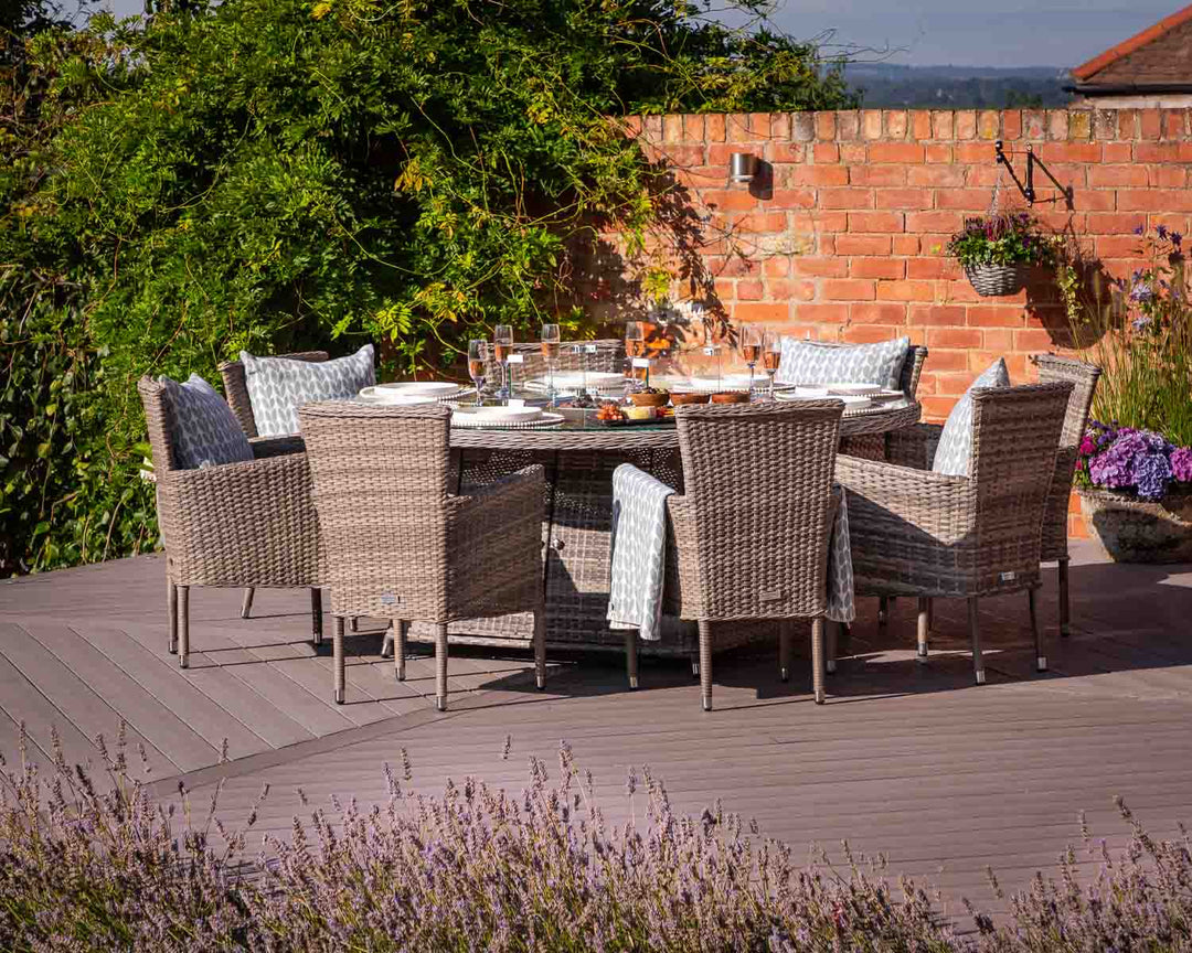 8 Seater Rattan Garden Dining Set With Large Round Table in Grey With Fire Pit - Cambridge - Rattan Direct