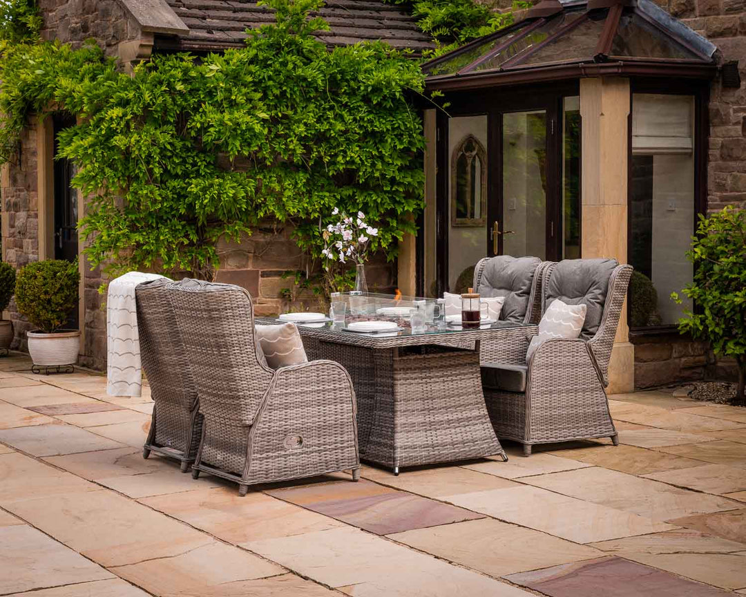 4 Reclining Rattan Garden Chairs & Rectangular Fire Pit Dining Table in Grey - Fiji - Rattan Direct