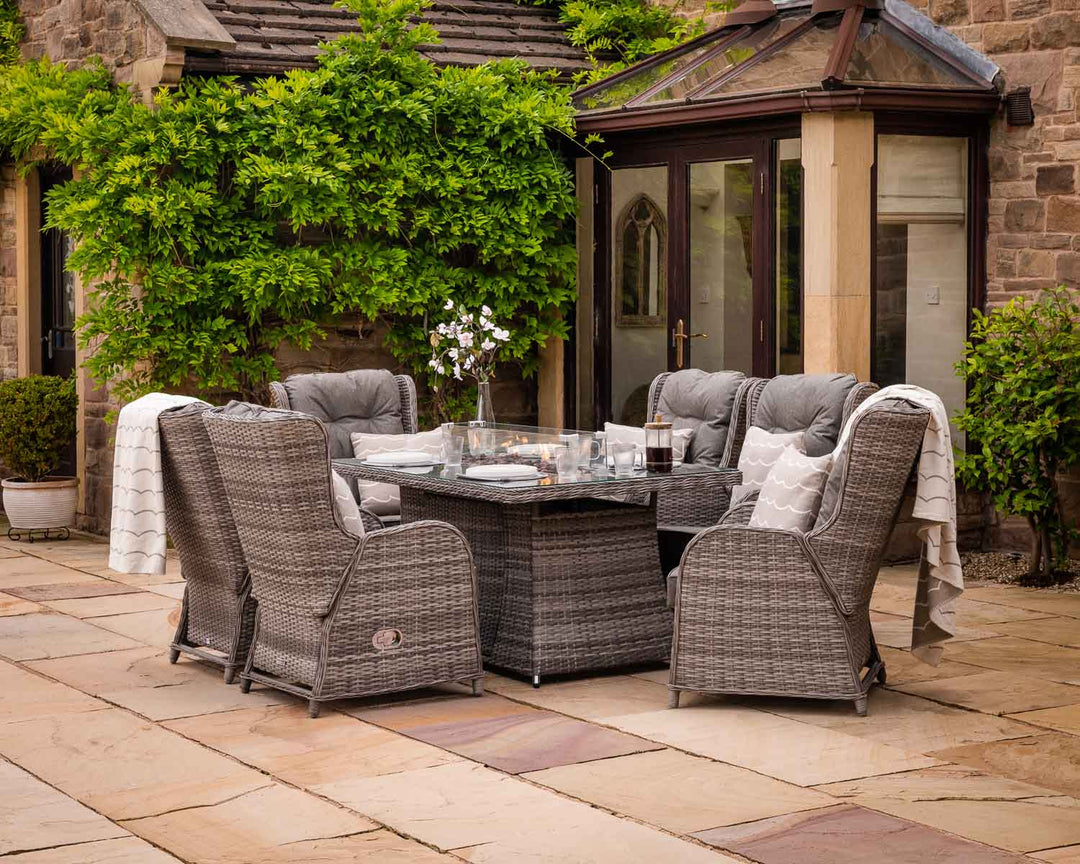 6 Reclining Rattan Garden Chairs & Rectangular Fire Pit Dining Table in Grey - Fiji - Rattan Direct