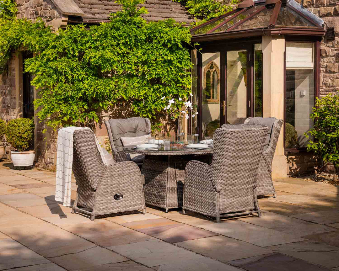 4 Reclining Rattan Garden Chairs & Round Fire Pit Dining Table in Grey - Fiji - Rattan Direct