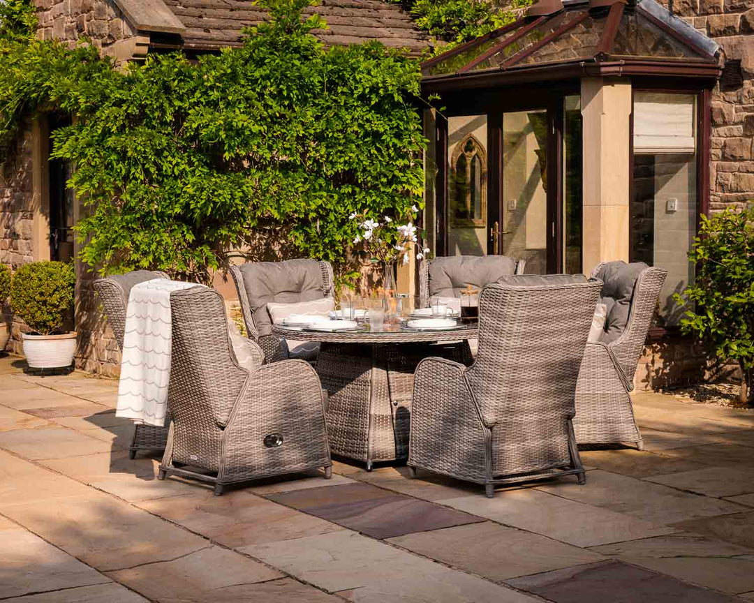 6 Reclining Rattan Garden Chairs & Round Fire Pit Dining Table in Grey - Fiji - Rattan Direct