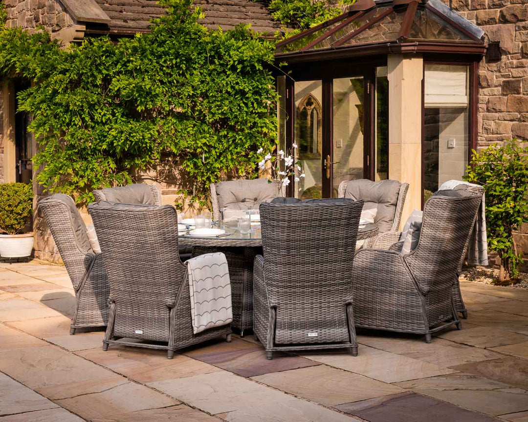 8 Reclining Rattan Garden Chairs & Large Round Fire Pit Dining Table in Grey - Fiji - Rattan Direct