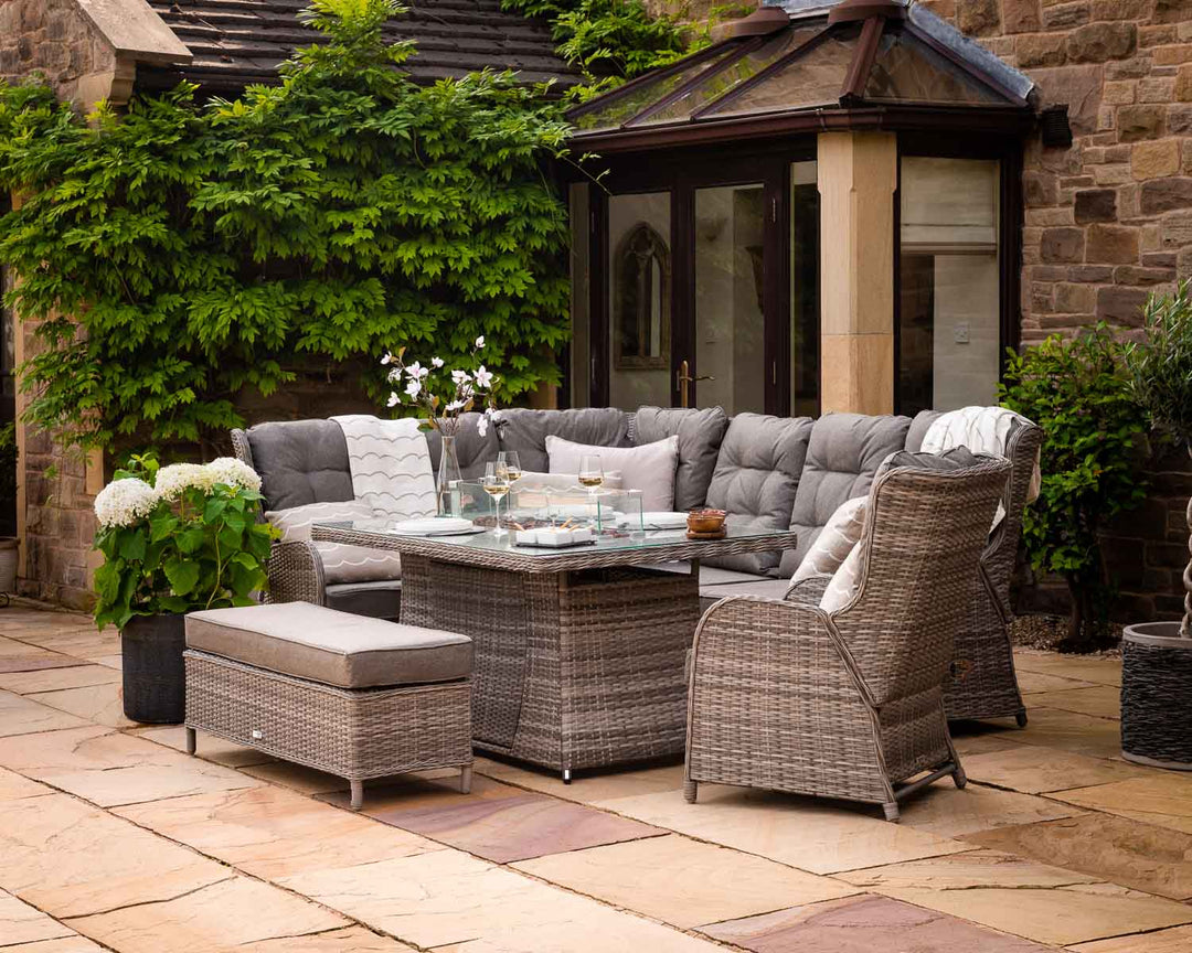 Reclining Rattan Corner Sofa Set with Rectangular Fire Pit Dining Table in Grey - Fiji - Rattan Direct