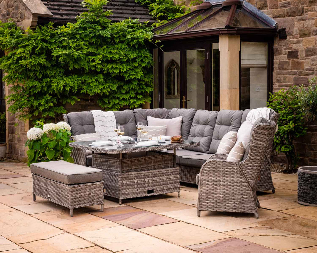 Reclining Rattan Corner Sofa Set with Square Ice Bucket Dining Table in Grey - Fiji - Rattan Direct