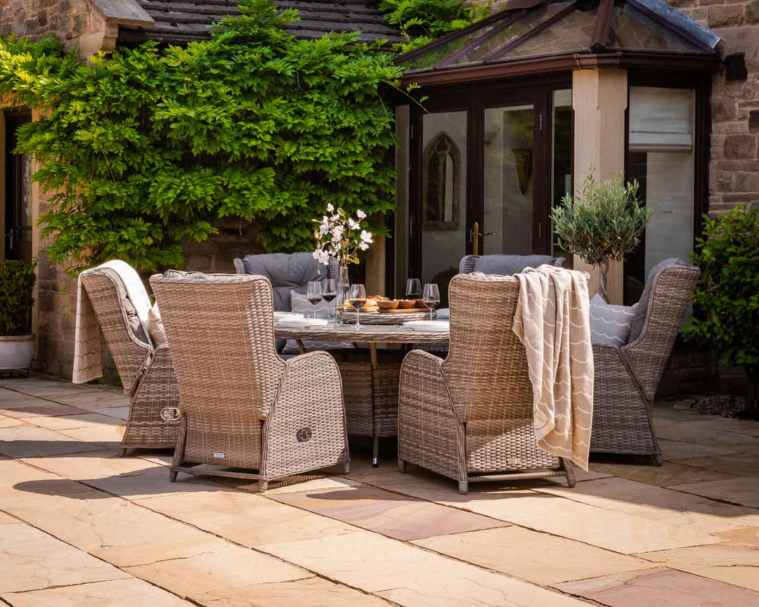 Reclining Rattan Garden Dining Set with 6 Chairs & Large Round Table in Grey - Fiji - Rattan Direct