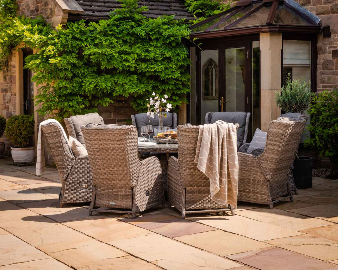 Reclining Rattan Garden Dining Set with 8 Chairs & Large Round Table in Grey - Fiji - Rattan Direct