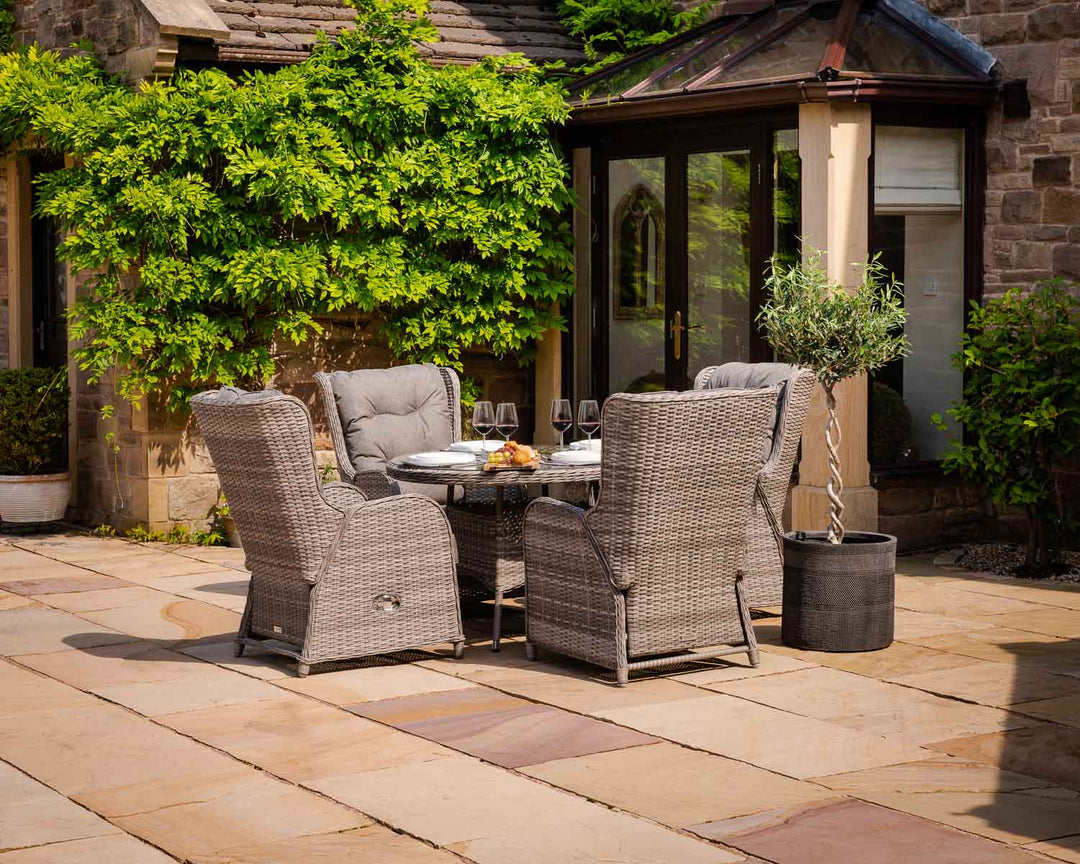 Reclining Rattan Garden Dining Set with 4 Chairs & Round Table in Grey - Fiji - Rattan Direct