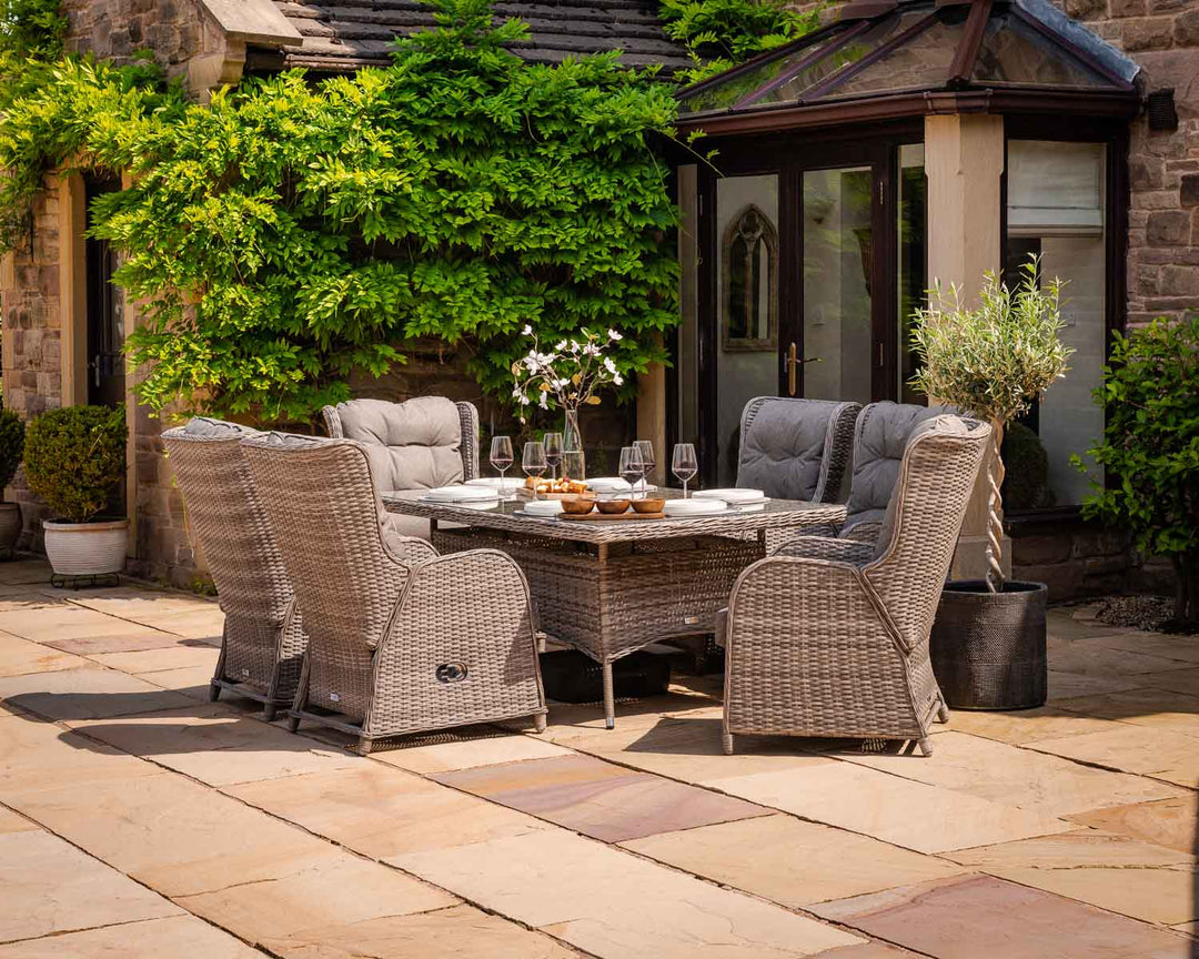 Reclining Rattan Garden Dining Set with 6 Chairs & Large Rectangular Table in Grey - Fiji - Rattan Direct