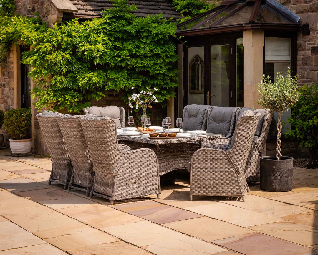 Reclining Rattan Garden Dining Set with 8 Chairs & Large Rectangular Table in Grey - Fiji - Rattan Direct