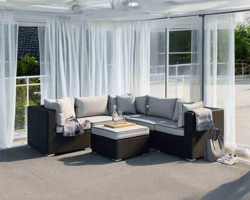 6 Piece Rattan Conservatory Corner Sofa Set in Black & White - Florida - Rattan Direct