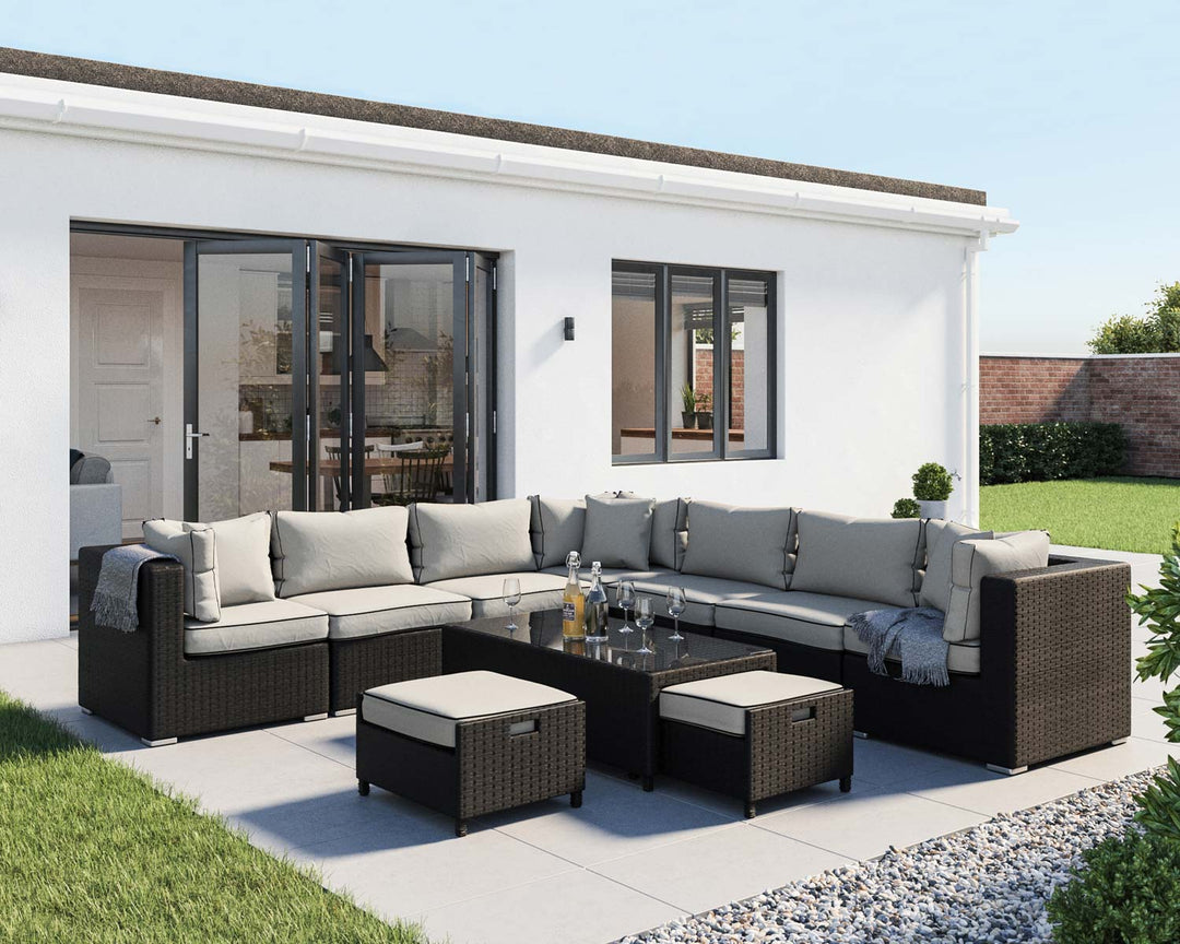 Geneva 11 Piece Rattan Garden Corner Sofa Set in Black & White - Rattan Direct