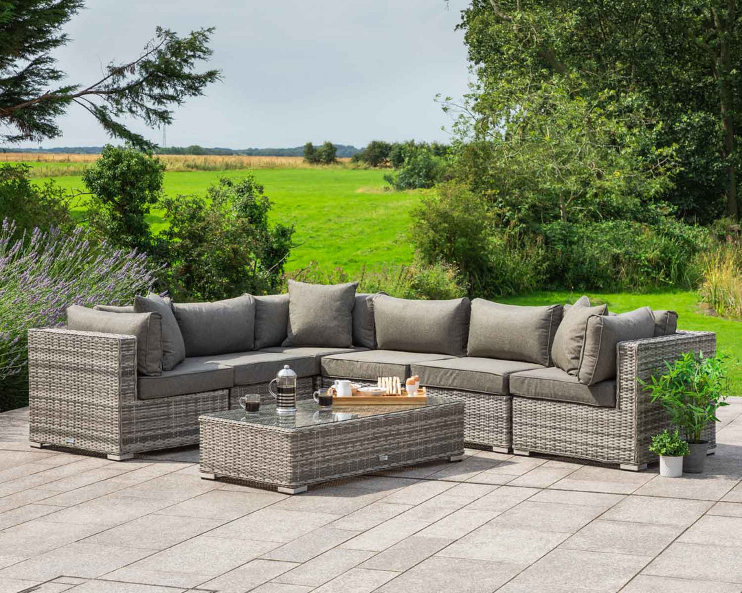 Rattan Garden Corner Sofa Set With Coffee Table in Grey - Geneva 7 Piece - Rattan Direct