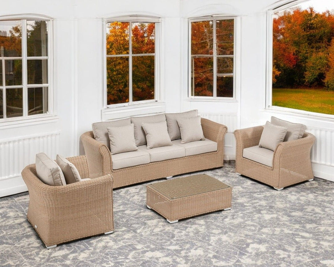 3 Seater Rattan Conservatory Sofa & Armchair Set in Willow - Lisbon - Rattan Direct