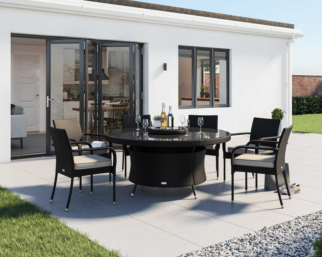 6 Rattan Garden Chairs, Large Round Dining Table & Lazy Susan Set in Black & White - Roma - Rattan Direct