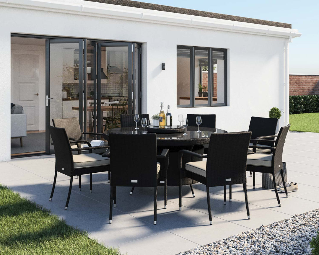 8 Rattan Garden Chairs, Large Round Dining Table & Lazy Susan Set in Black & White - Roma - Rattan Direct