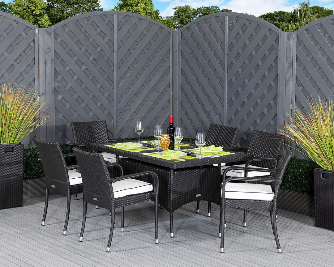 6 Seat Rattan Garden Dining Set With Small Rectangular Dining Table in Black & White - Roma - Rattan Direct