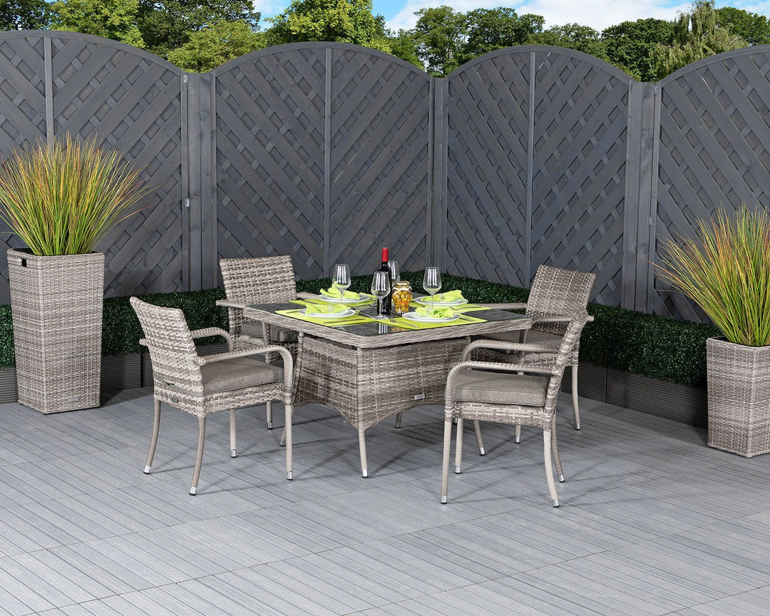 4 Seat Rattan Garden Dining Set With Square Dining Table in Grey - Roma - Rattan Direct