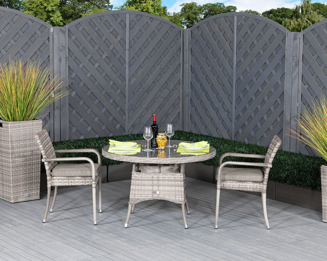 Small Round Rattan Garden Dining Table & 2 Stackable Chairs in Grey - Roma - Rattan Direct