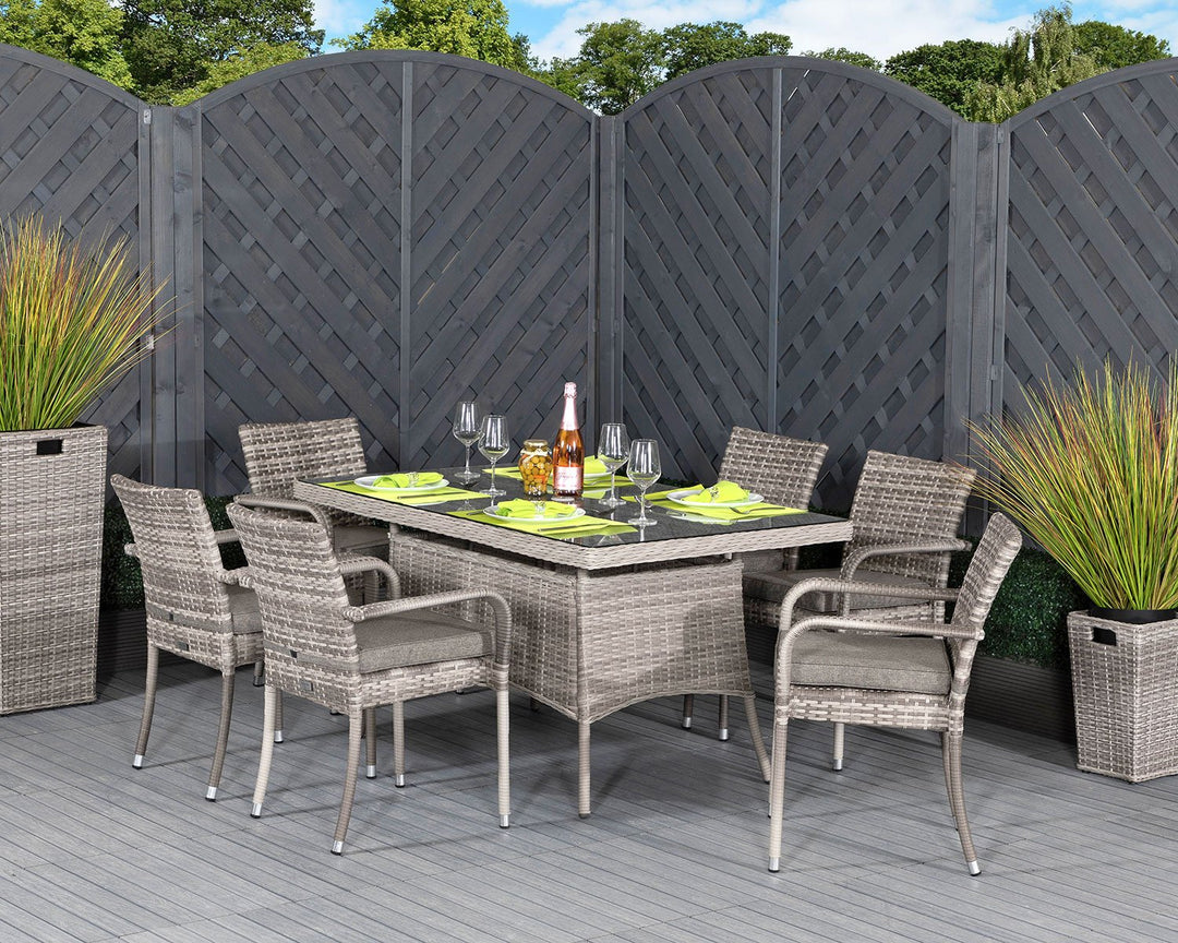 6 Seat Rattan Garden Dining Set With Small Rectangular Dining Table in Grey - Roma - Rattan Direct