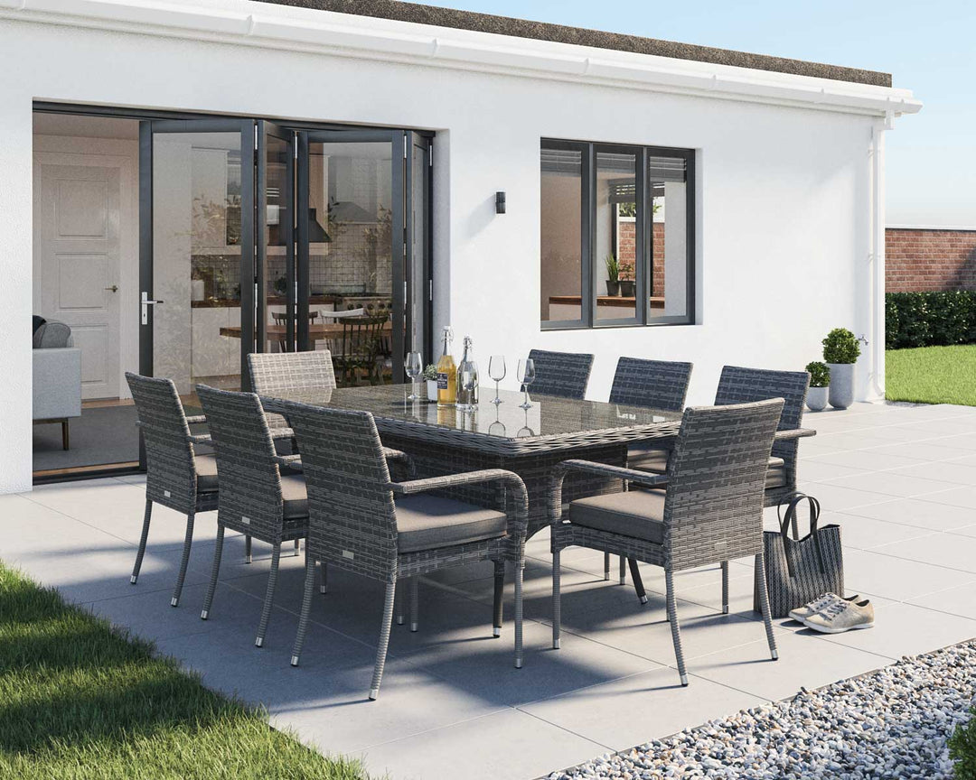 8 Seat Rattan Garden Dining Set With Rectangular Dining Table in Grey - Roma - Rattan Direct