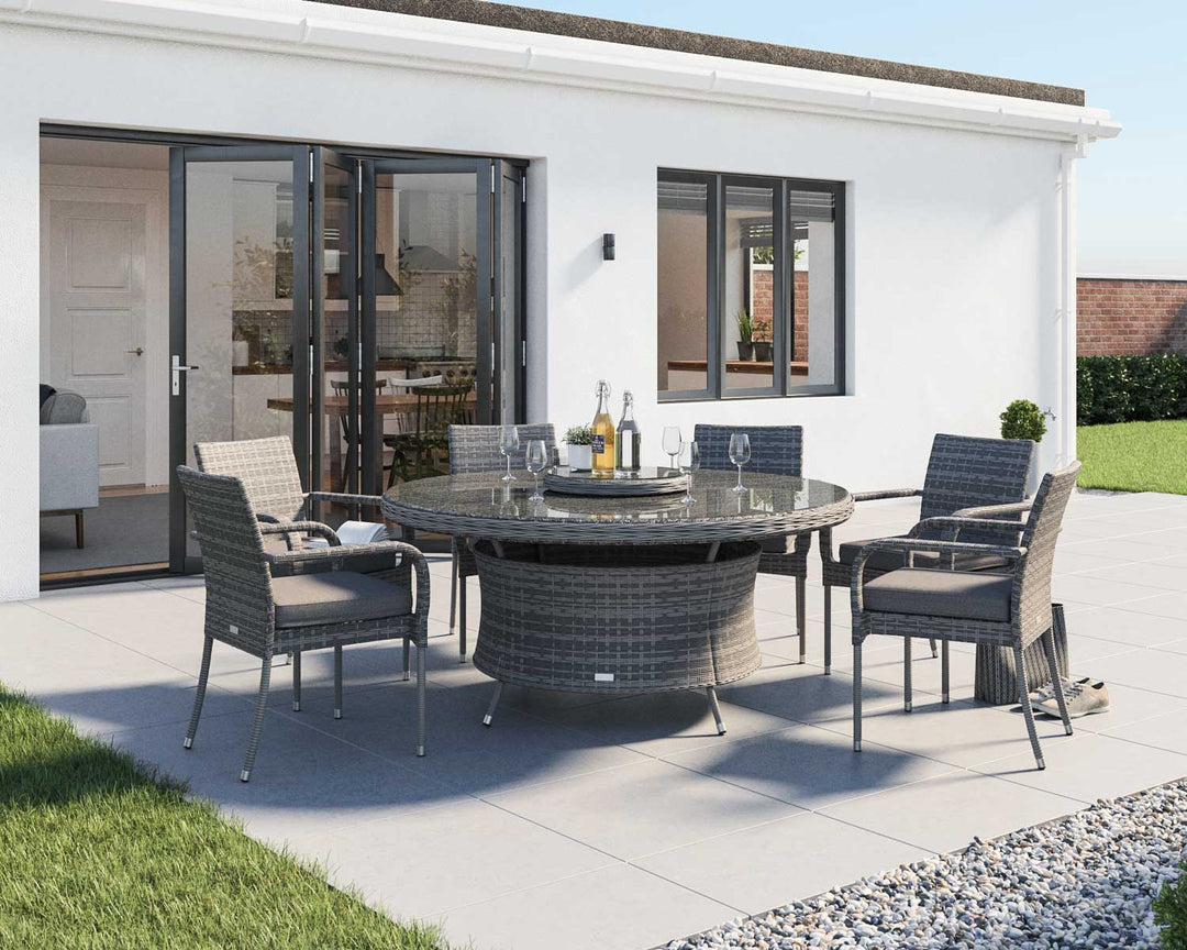 6 Seat Rattan Garden Dining Set With Large Round Dining Table in Grey - Roma - Rattan Direct