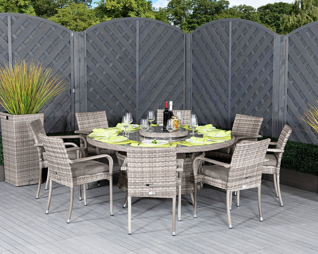 8 Seat Rattan Garden Dining Set With Large Round Dining Table in Grey - Roma - Rattan Direct