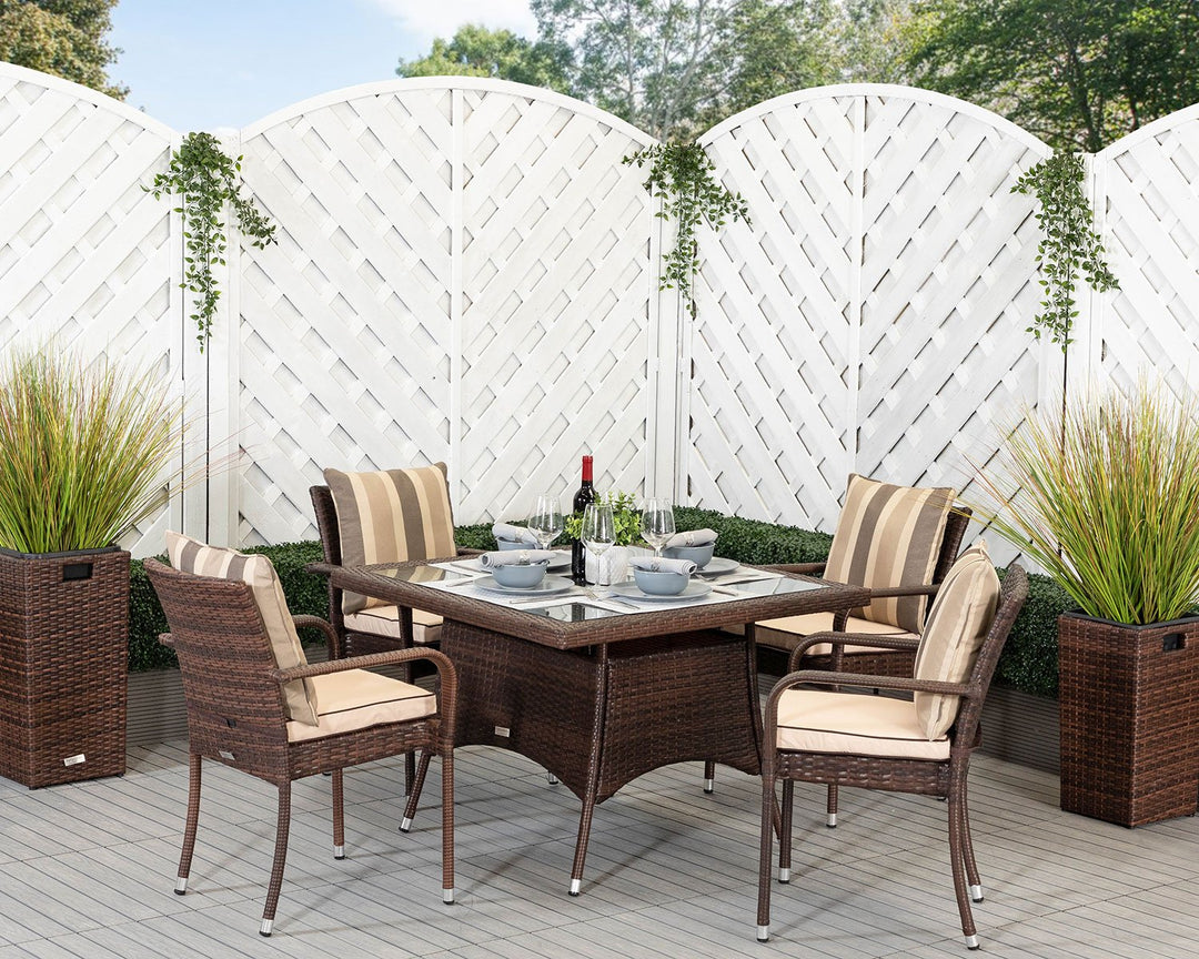 4 Seat Rattan Garden Dining Set With Square Dining Table in Brown - Roma - Rattan Direct