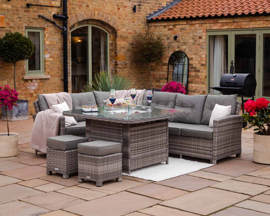 Rattan Garden Corner Dining Set With Fire Pit Table in Grey - Sorrento - Rattan Direct