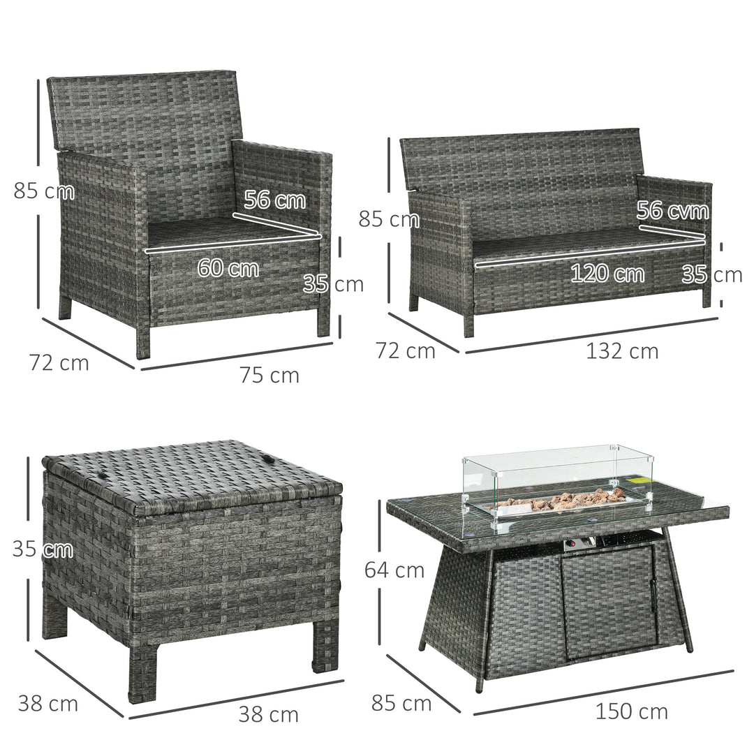 6-Seater Rattan Garden Furniture Set w/ Gas Fire Pit Table