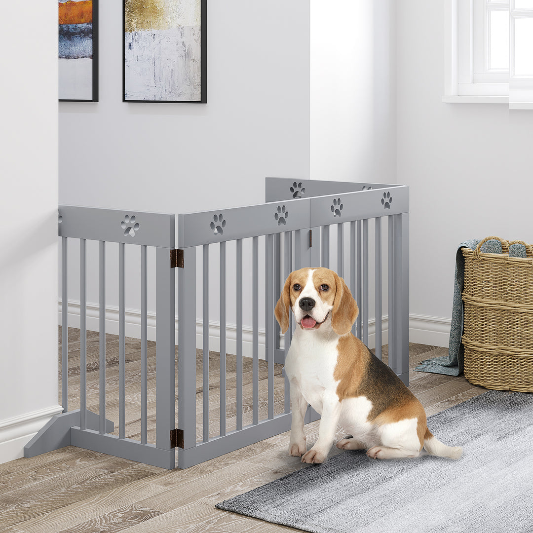 Pet Gate 4 Panel Wooden Dog Barrier Freestanding Folding Safety Fence with Support Feet up to 204cm Long 61cm Tall Light Grey