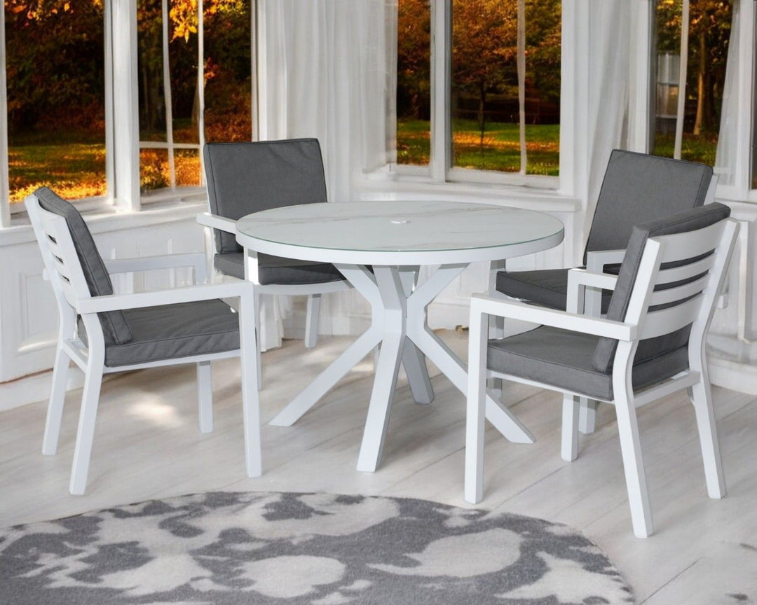 Aluminium 5 Piece Conservatory Dining Set in White with Grey Cushions - Rattan Direct