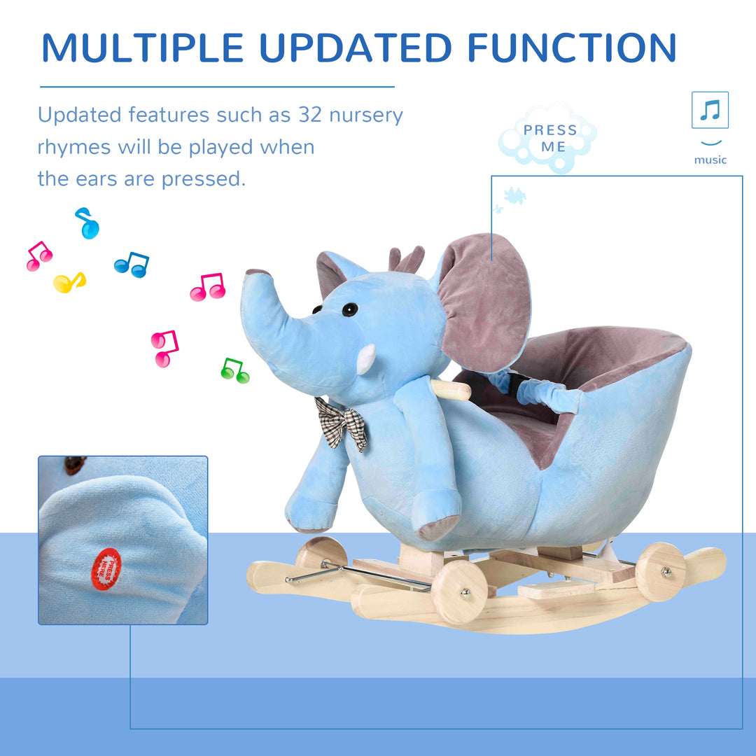 2 In 1 Plush Baby Ride on Rocking Horse Elephant Rocker with Wheels Wooden Toy for Kids 32 Songs (Blue)